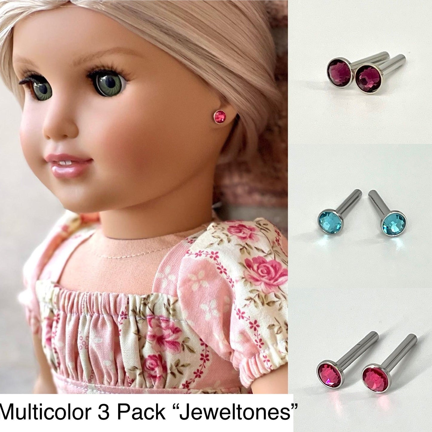 Glam Stone Gem Earrings for 18” Dolls 3 pair pack “Jeweltones”