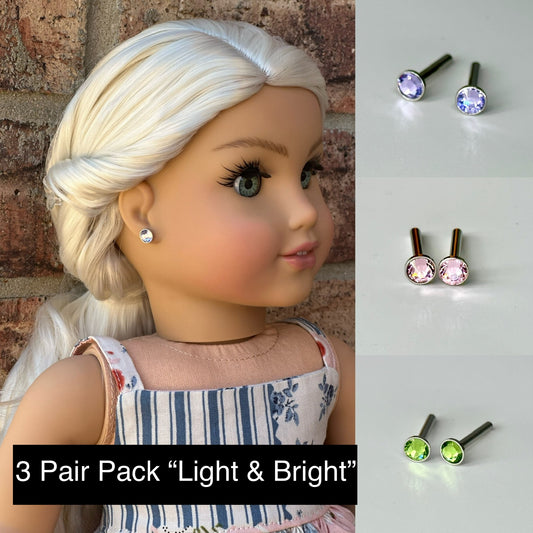 Glam Stone Gem Earrings for 18” Dolls 3 pair pack “Light & Bright”