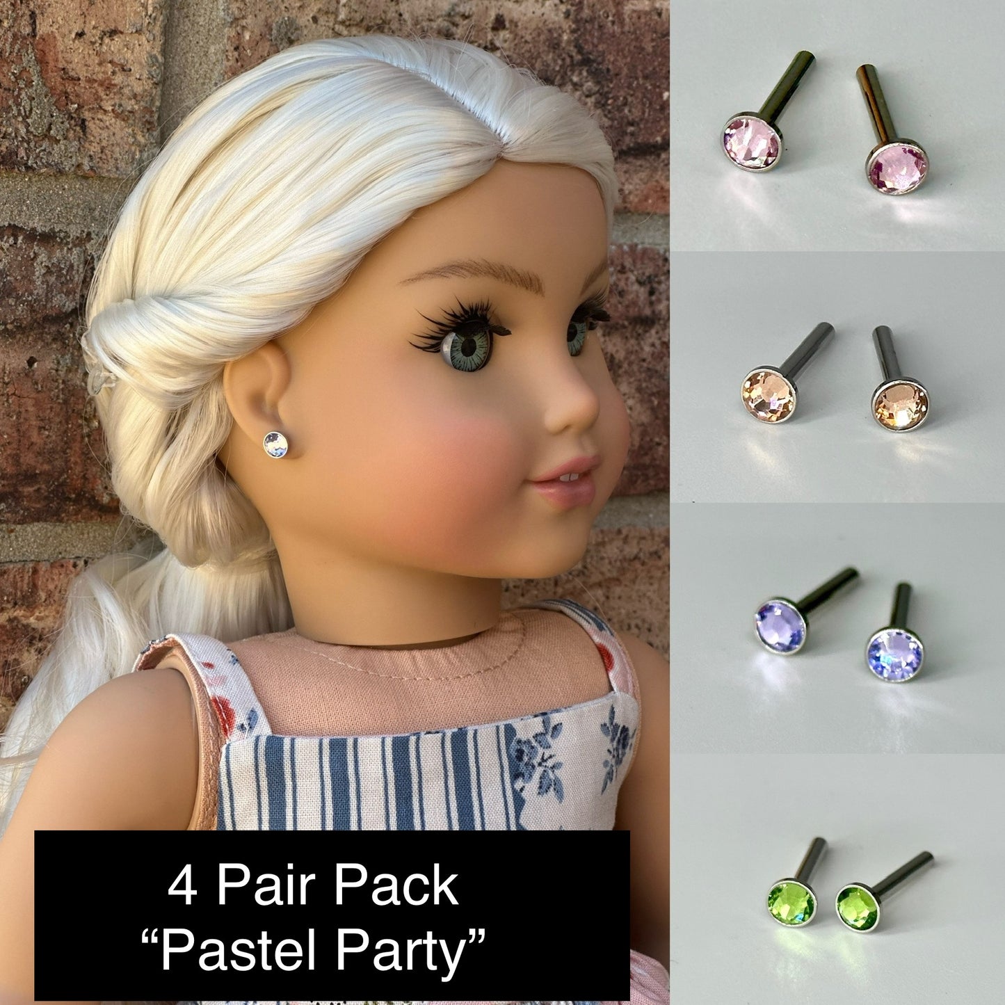 Glam Stone Gem Earrings for 18” Dolls 4 pair pack “Pastel Party”